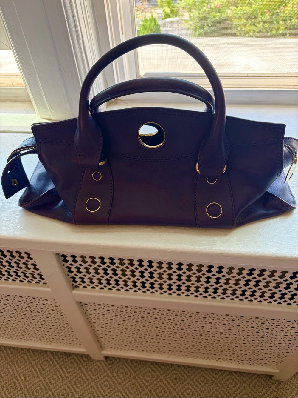Celine Purple Leather Satchel with Metal Ring Detail